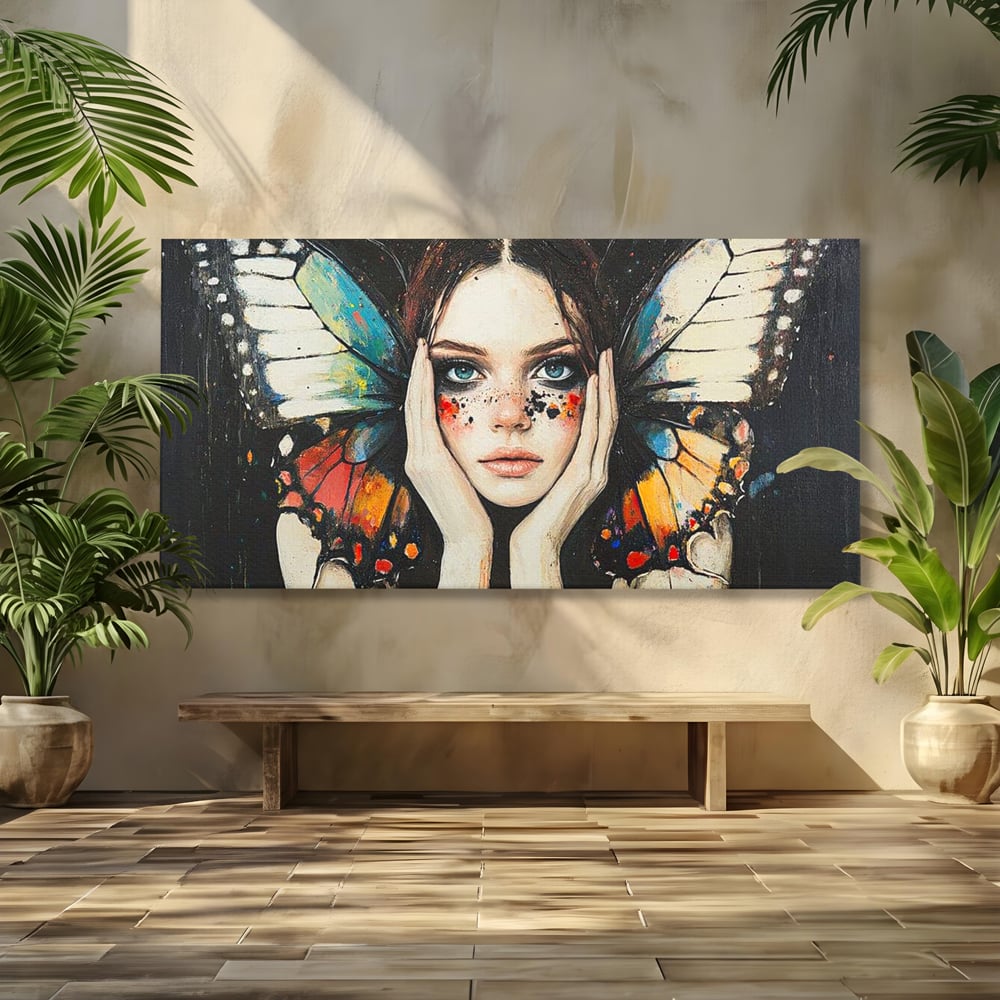 Tablou canvas cu tablou canvas cu femeie si aripi de fluture, fara rama, pe sasiu de lemn